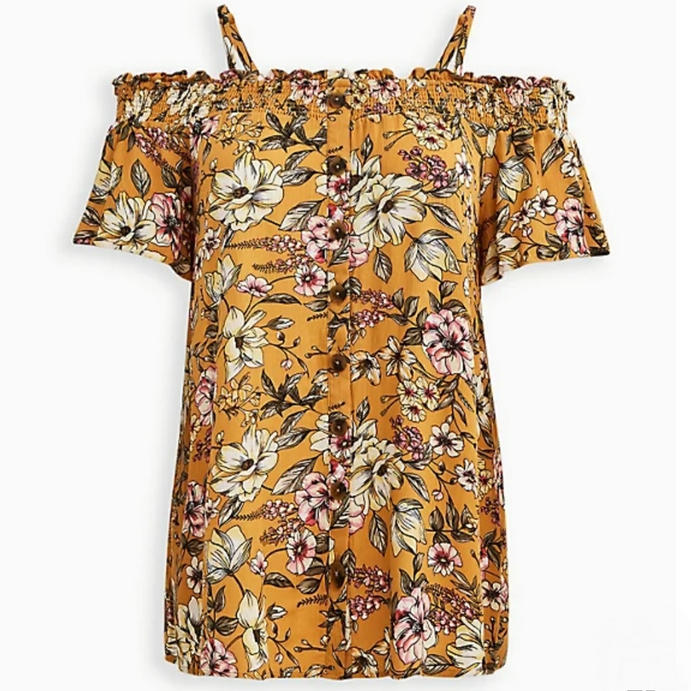 Torrid Cold Shoulder Top Floral Yellow Gauze Woven Smocked Plus 3X 22/24 NWT